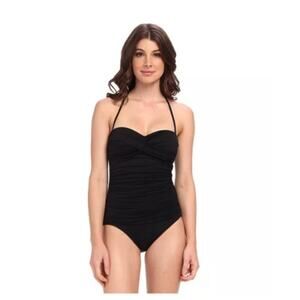 La Blanca Core Solid Bandeau One Piece Shirred Swimsuit Black Size 12